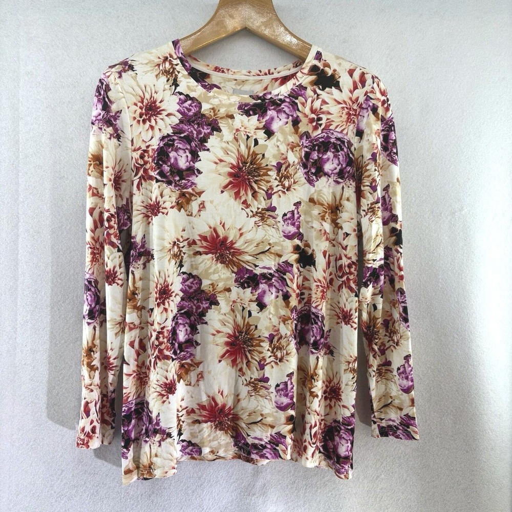 Chico's Multicolor‎ Floral Cool Touch Long Sleeve Crewneck Top XL Cottagecore